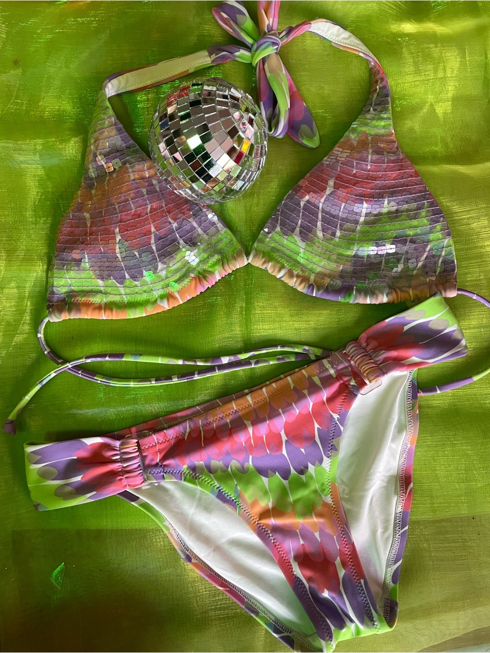 ✨Victoria's Secret Sequin Neon Green & Multicolor Bikini two piece!